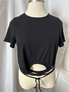 Black Ribbed Drawstring Crop Top - Women's New Size